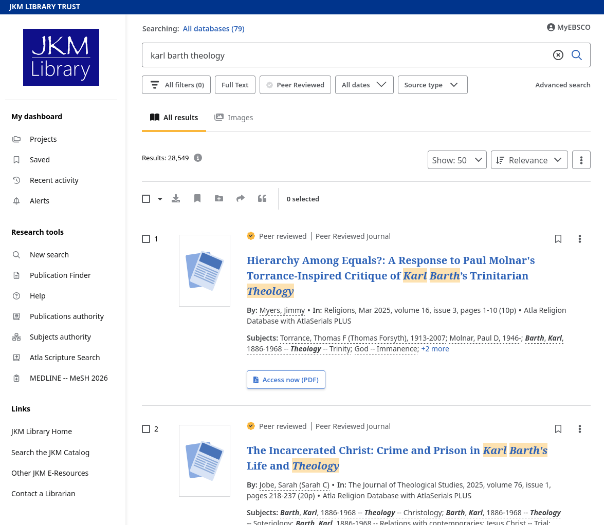 EBSCO web search for "Karl barth theology," showing the top of the results list