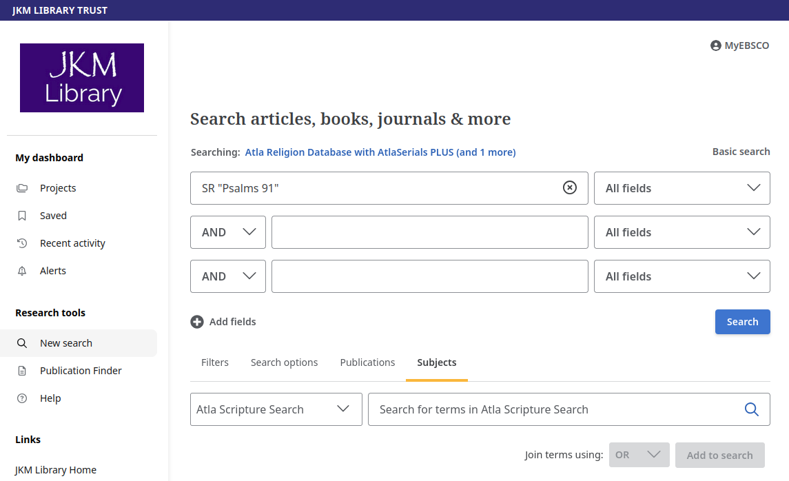 An EBSCO Advanced Search with a Scripture Search term added