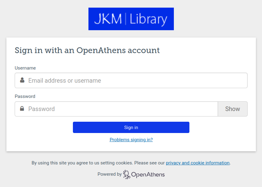 JKM Library OpenAthens login screen